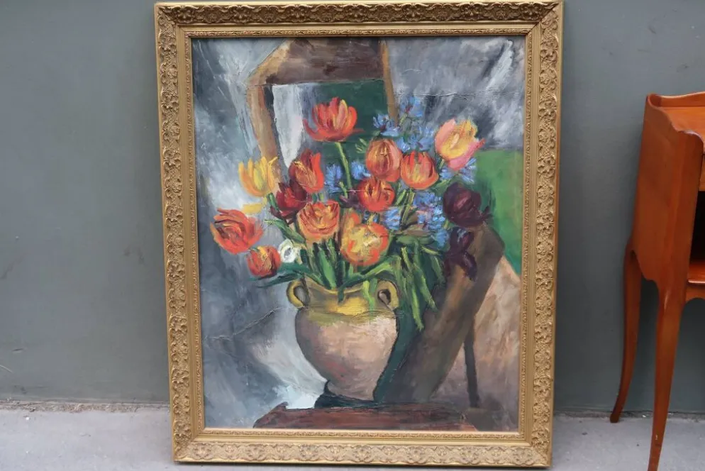 Grande peinture à l'huile ancienne, Nature morte aux tulipes, Cadre doré
