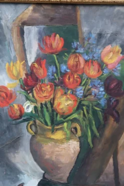 Grande peinture à l'huile ancienne, Nature morte aux tulipes, Cadre doré