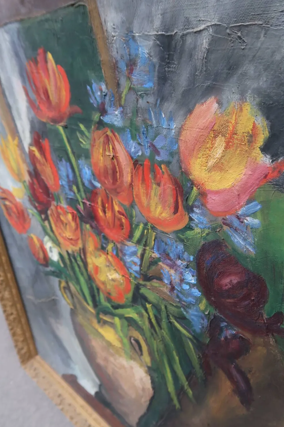 Grande peinture à l'huile ancienne, Nature morte aux tulipes, Cadre doré