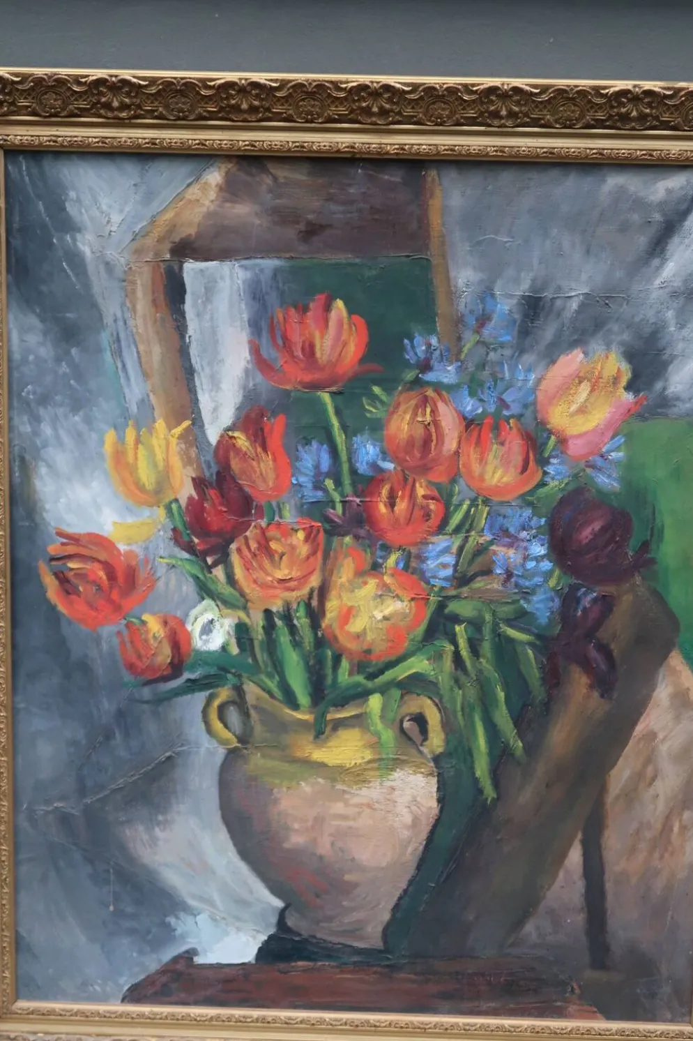 Grande peinture à l'huile ancienne, Nature morte aux tulipes, Cadre doré