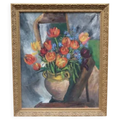 Grande peinture à l'huile ancienne, Nature morte aux tulipes, Cadre doré