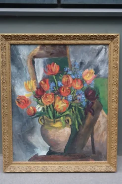 Grande peinture à l'huile ancienne, Nature morte aux tulipes, Cadre doré