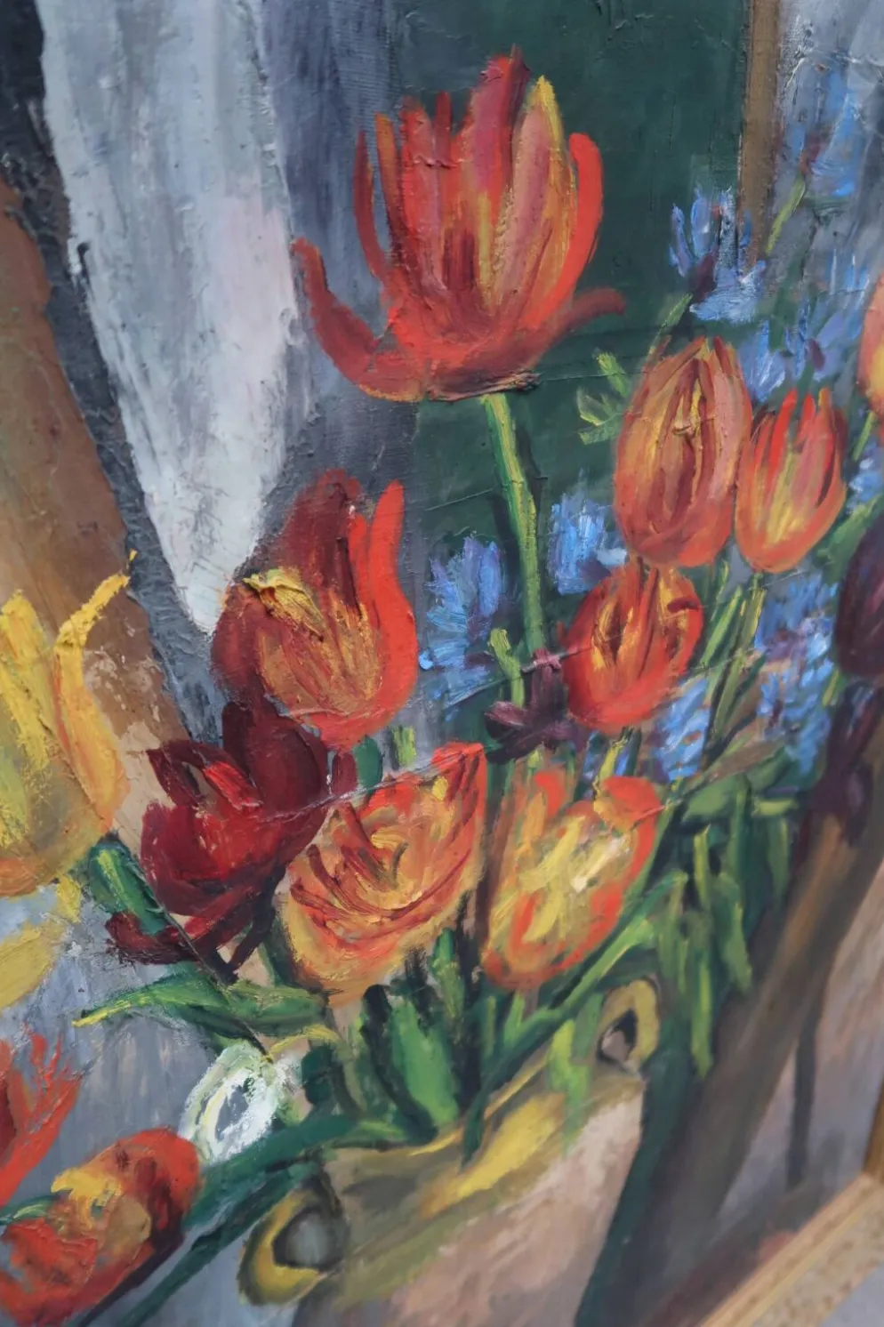 Grande peinture à l'huile ancienne, Nature morte aux tulipes, Cadre doré