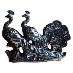 Grande sculpture de paons en céramique noire irisée - Années 1970