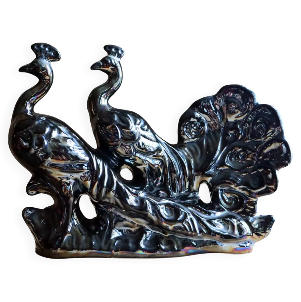 Grande sculpture de paons en céramique noire irisée - Années 1970