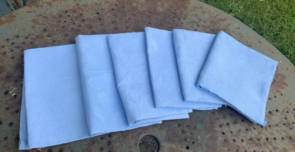 6 grandes serviettes en coton damassées teintées bleues, vintage