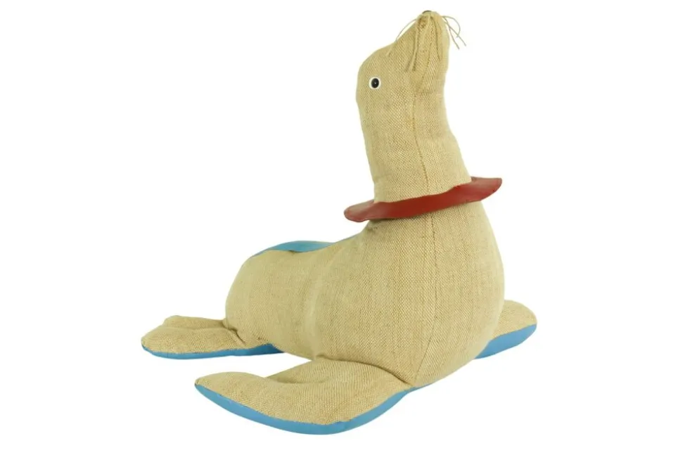 Grand jouet thérapeutique en jute et cuir en forme de phoque par Renate Müller, années 1960.