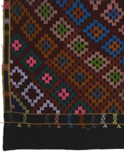 Grand kilim turc vintage graphique bleu et rose 282 x 203 cm
