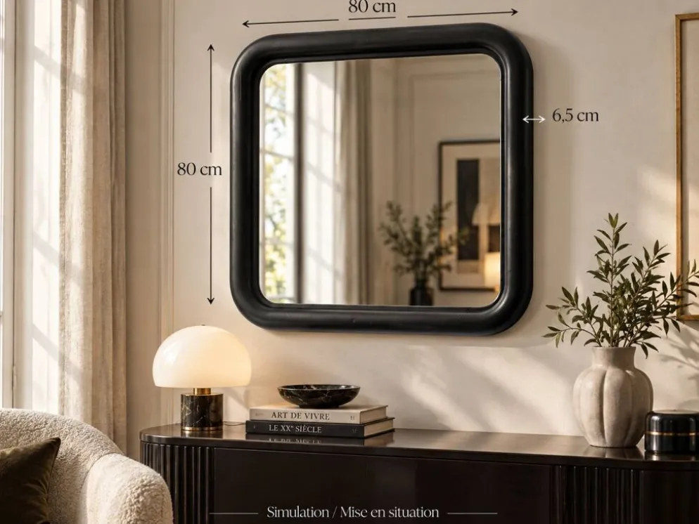 Grand miroir Art déco années 30, cadre bois massif demi-lune, 80 x 80 cm