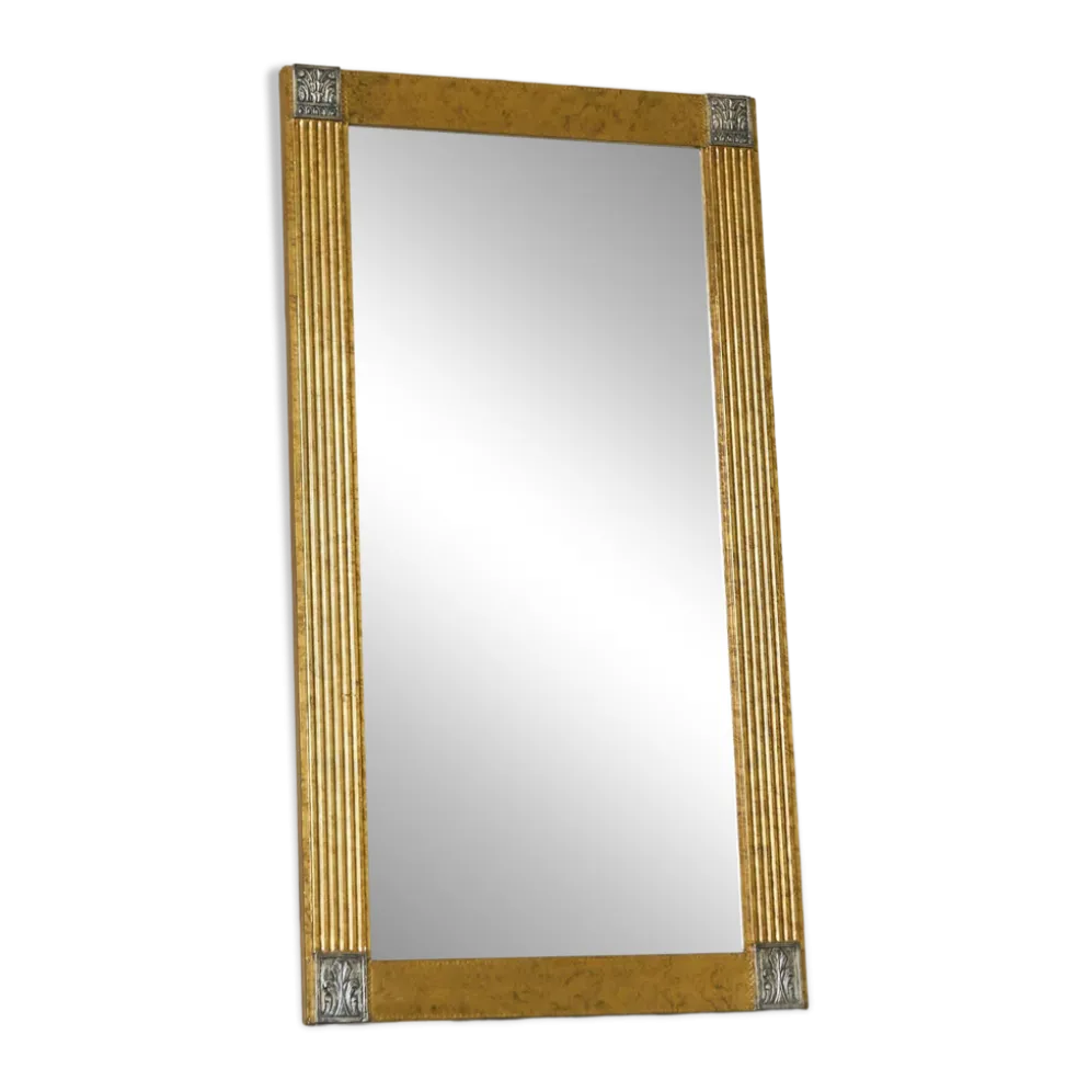 Grand miroir Art déco en laiton patiné avec verre facetté années 1960