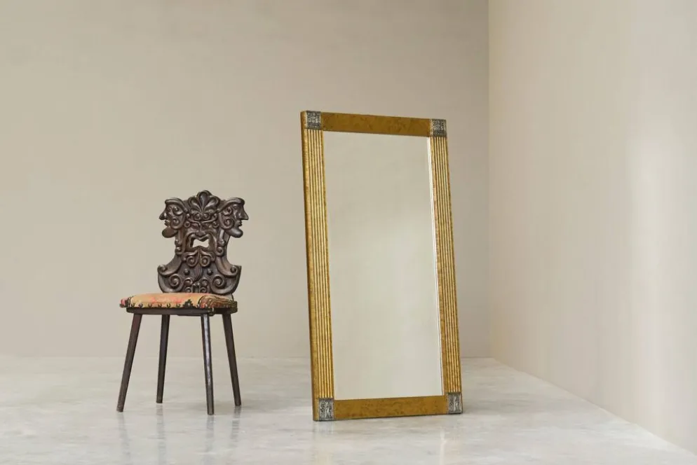 Grand miroir Art déco en laiton patiné avec verre facetté années 1960