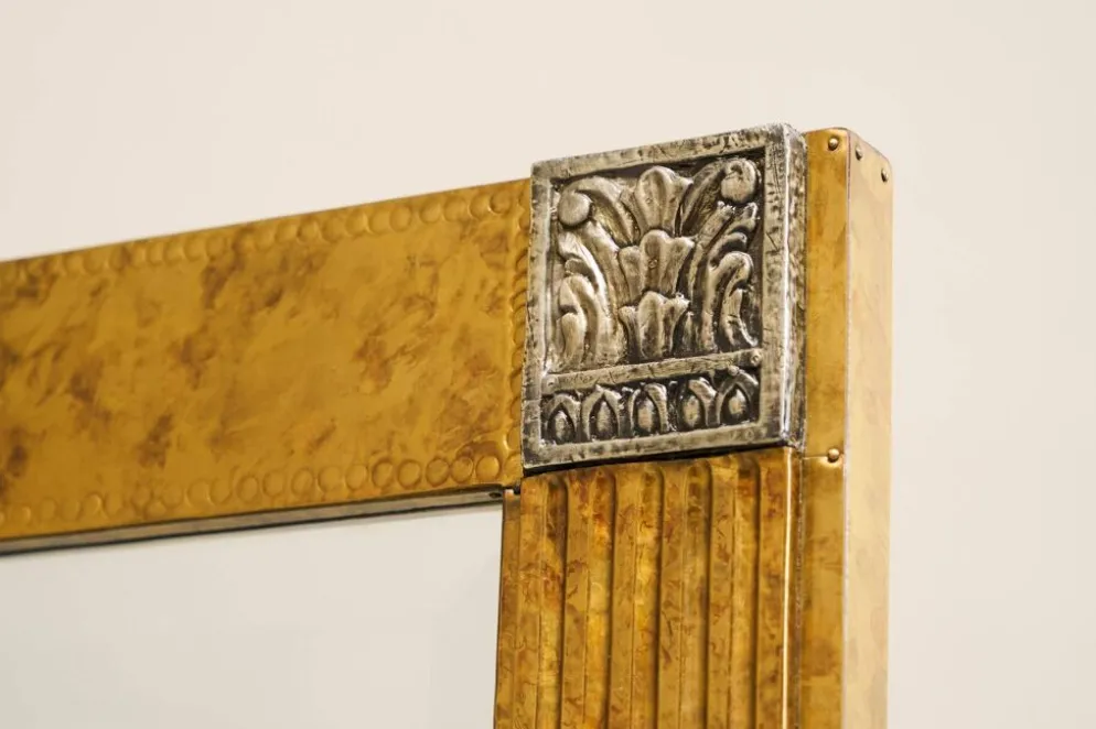 Grand miroir Art déco en laiton patiné avec verre facetté années 1960