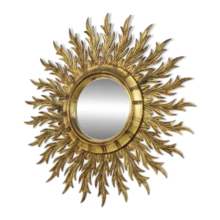 Grand miroir en bois rare en forme de soleil avec finition en feuille d'or XL 86 cm