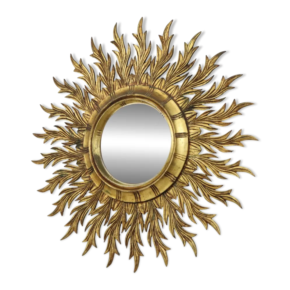 Grand miroir en bois rare en forme de soleil avec finition en feuille d'or XL 86 cm
