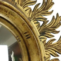 Grand miroir en bois rare en forme de soleil avec finition en feuille d'or XL 86 cm
