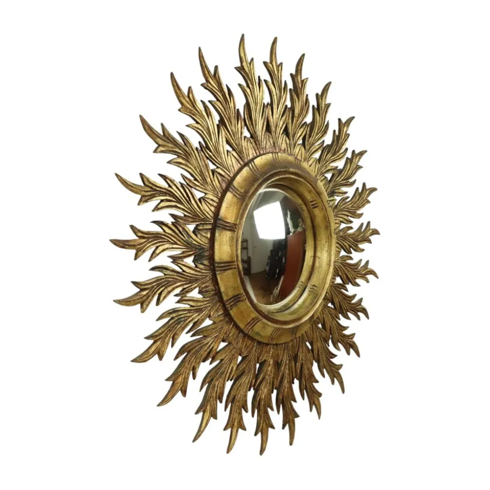 Grand miroir en bois rare en forme de soleil avec finition en feuille d'or XL 86 cm