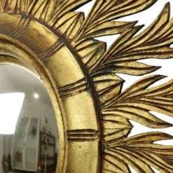 Grand miroir en bois rare en forme de soleil avec finition en feuille d'or XL 86 cm