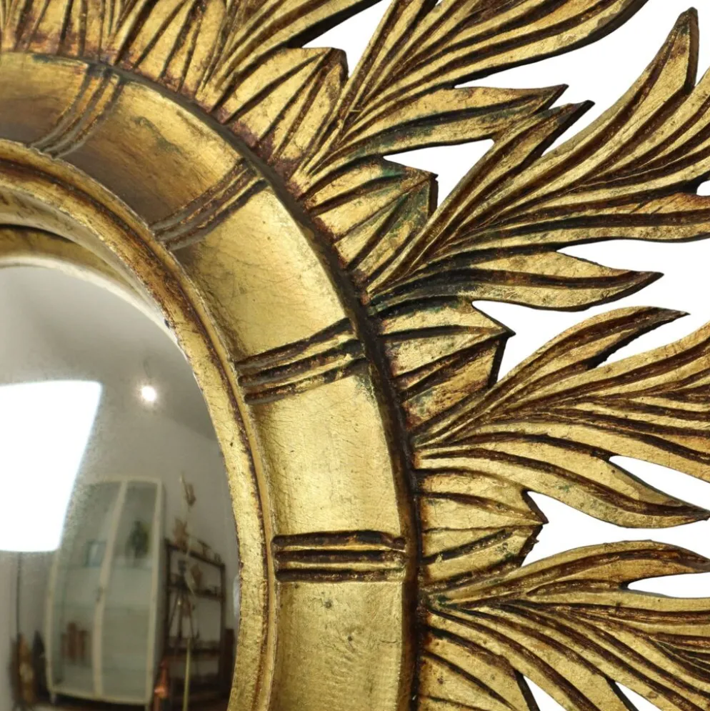 Grand miroir en bois rare en forme de soleil avec finition en feuille d'or XL 86 cm