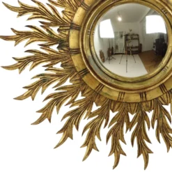 Grand miroir en bois rare en forme de soleil avec finition en feuille d'or XL 86 cm