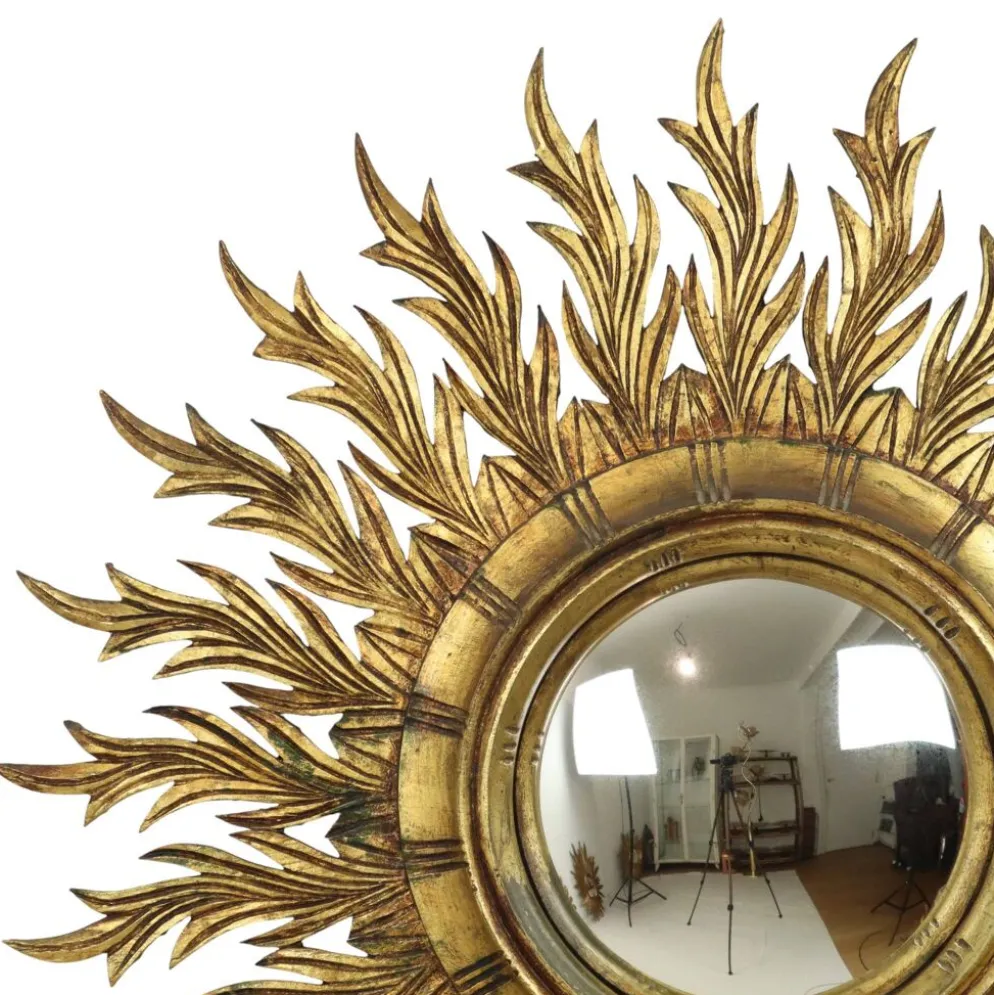 Grand miroir en bois rare en forme de soleil avec finition en feuille d'or XL 86 cm