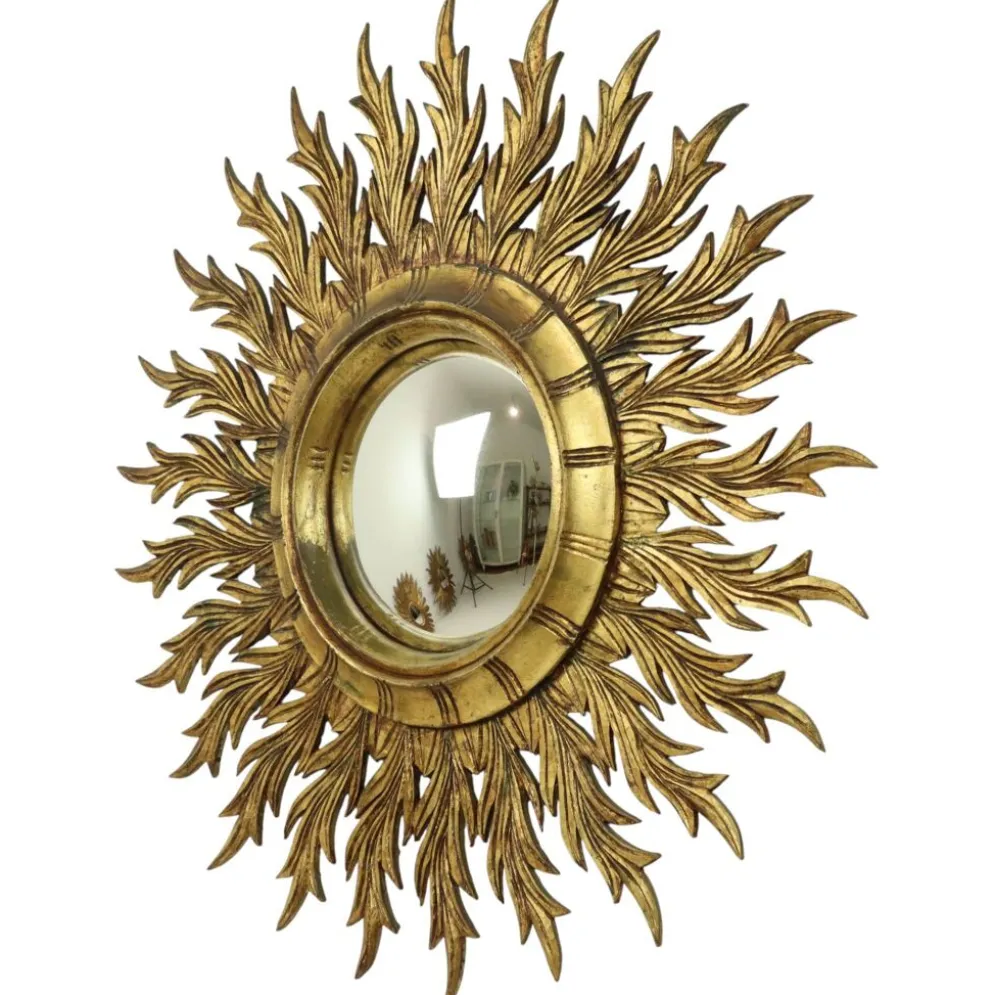 Grand miroir en bois rare en forme de soleil avec finition en feuille d'or XL 86 cm