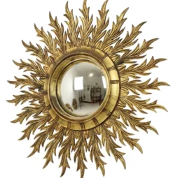 Grand miroir en bois rare en forme de soleil avec finition en feuille d'or XL 86 cm