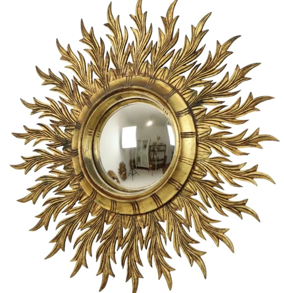 Grand miroir en bois rare en forme de soleil avec finition en feuille d'or XL 86 cm