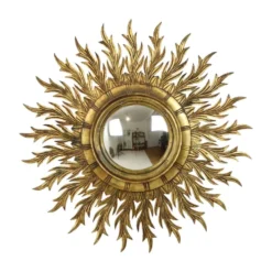 Grand miroir en bois rare en forme de soleil avec finition en feuille d'or XL 86 cm