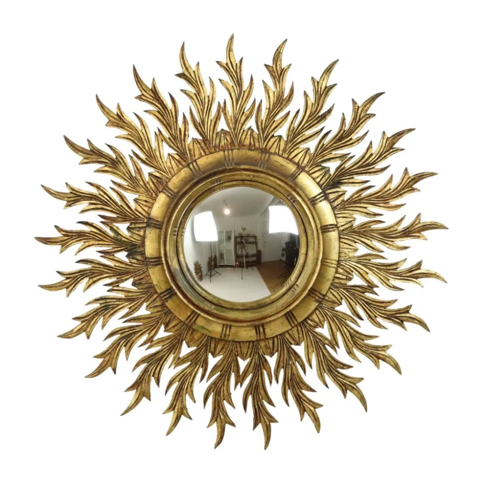 Grand miroir en bois rare en forme de soleil avec finition en feuille d'or XL 86 cm