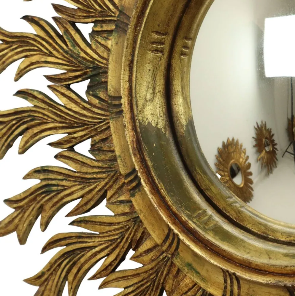 Grand miroir en bois rare en forme de soleil avec finition en feuille d'or XL 86 cm