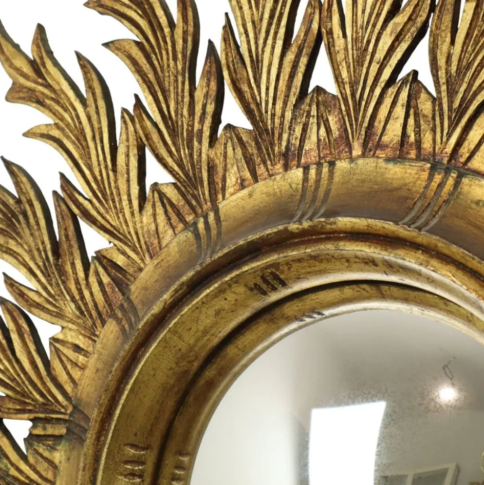 Grand miroir en bois rare en forme de soleil avec finition en feuille d'or XL 86 cm