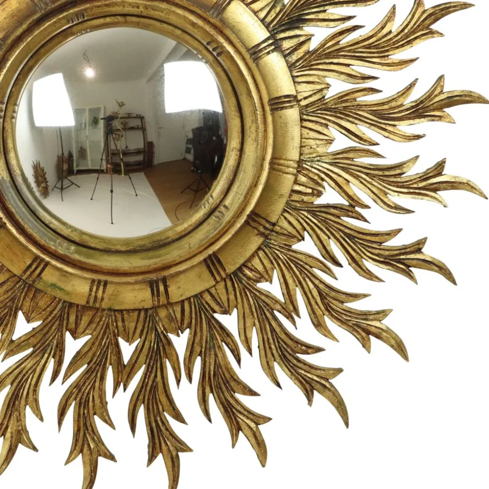 Grand miroir en bois rare en forme de soleil avec finition en feuille d'or XL 86 cm