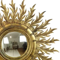 Grand miroir en bois rare en forme de soleil avec finition en feuille d'or XL 86 cm