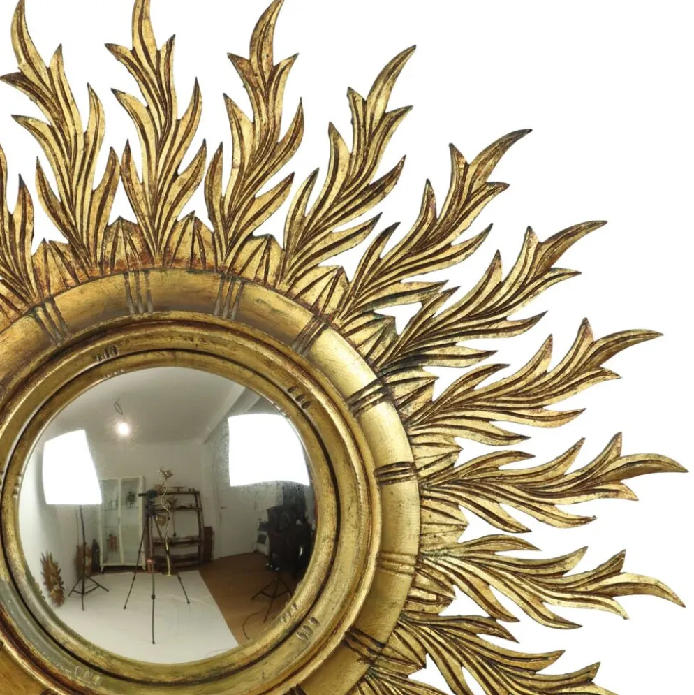 Grand miroir en bois rare en forme de soleil avec finition en feuille d'or XL 86 cm