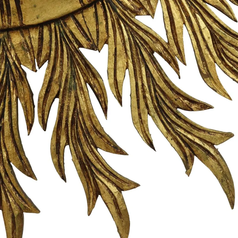 Grand miroir en bois rare en forme de soleil avec finition en feuille d'or XL 86 cm