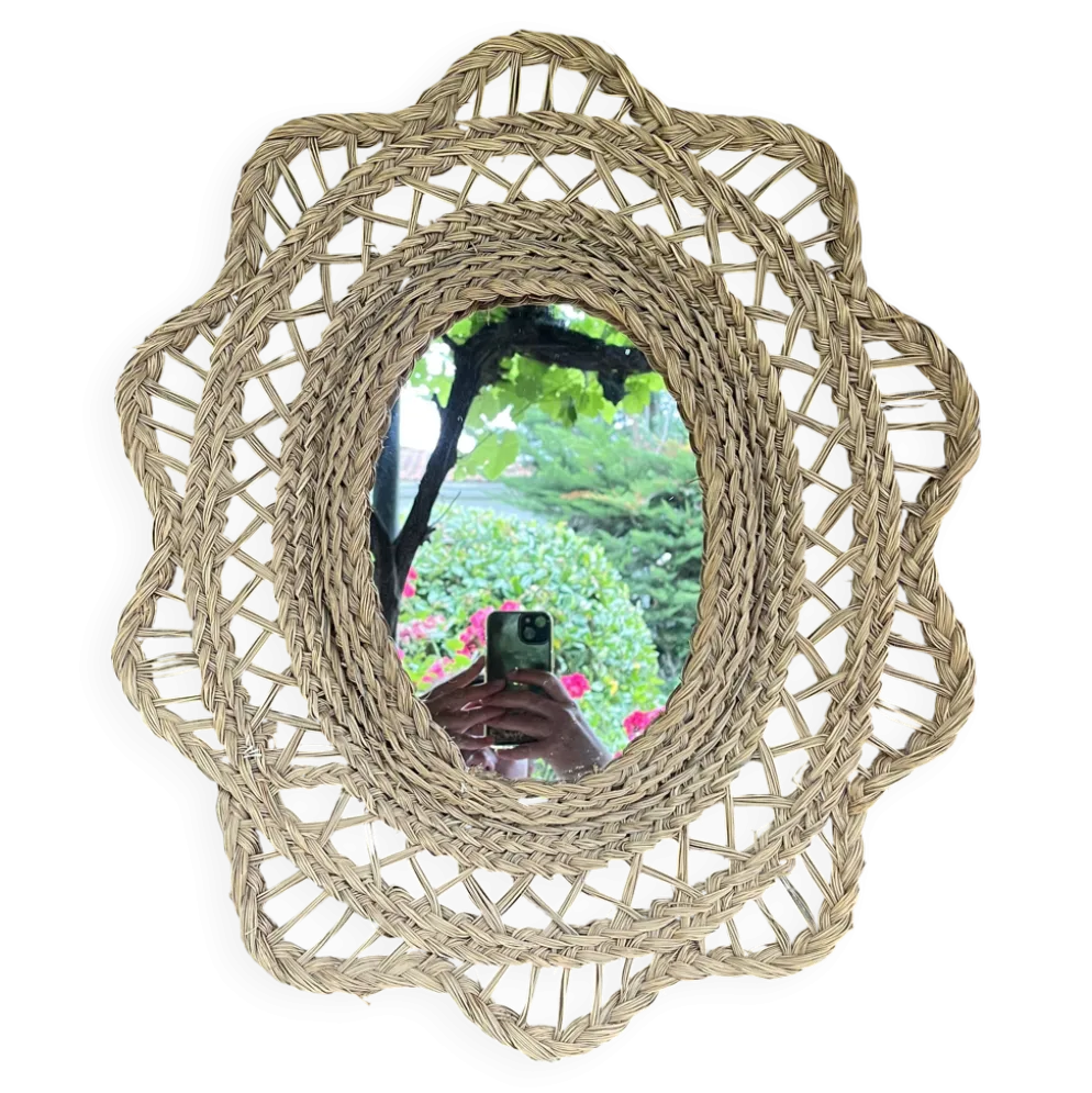 Grand miroir en jonc tressé 1960