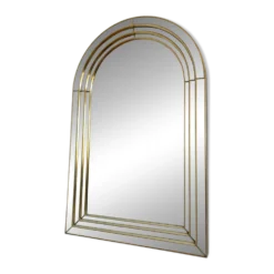 Grand miroir en panneau biseauté arqué vintage Deknudt – or, Belgique, années 1980