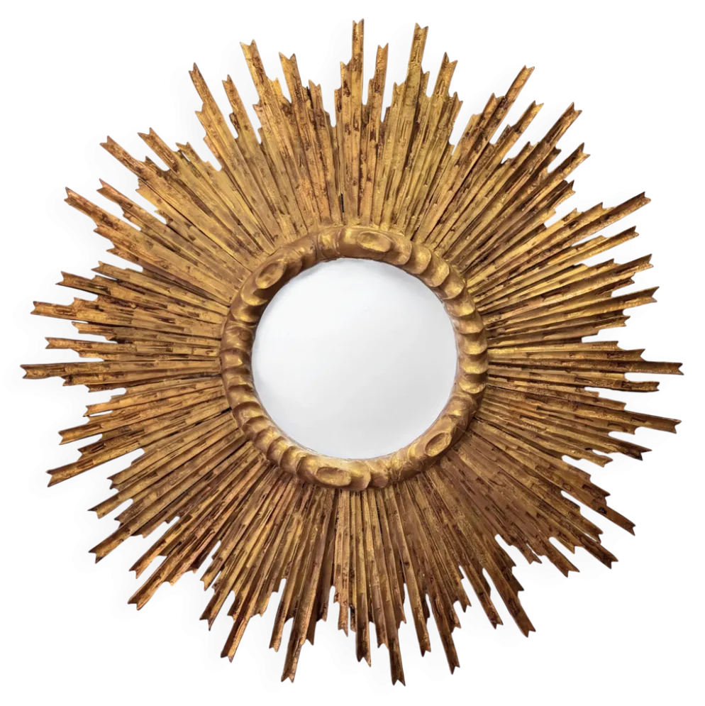 Grand miroir en soleil en bois sculpté et doré, années 1950