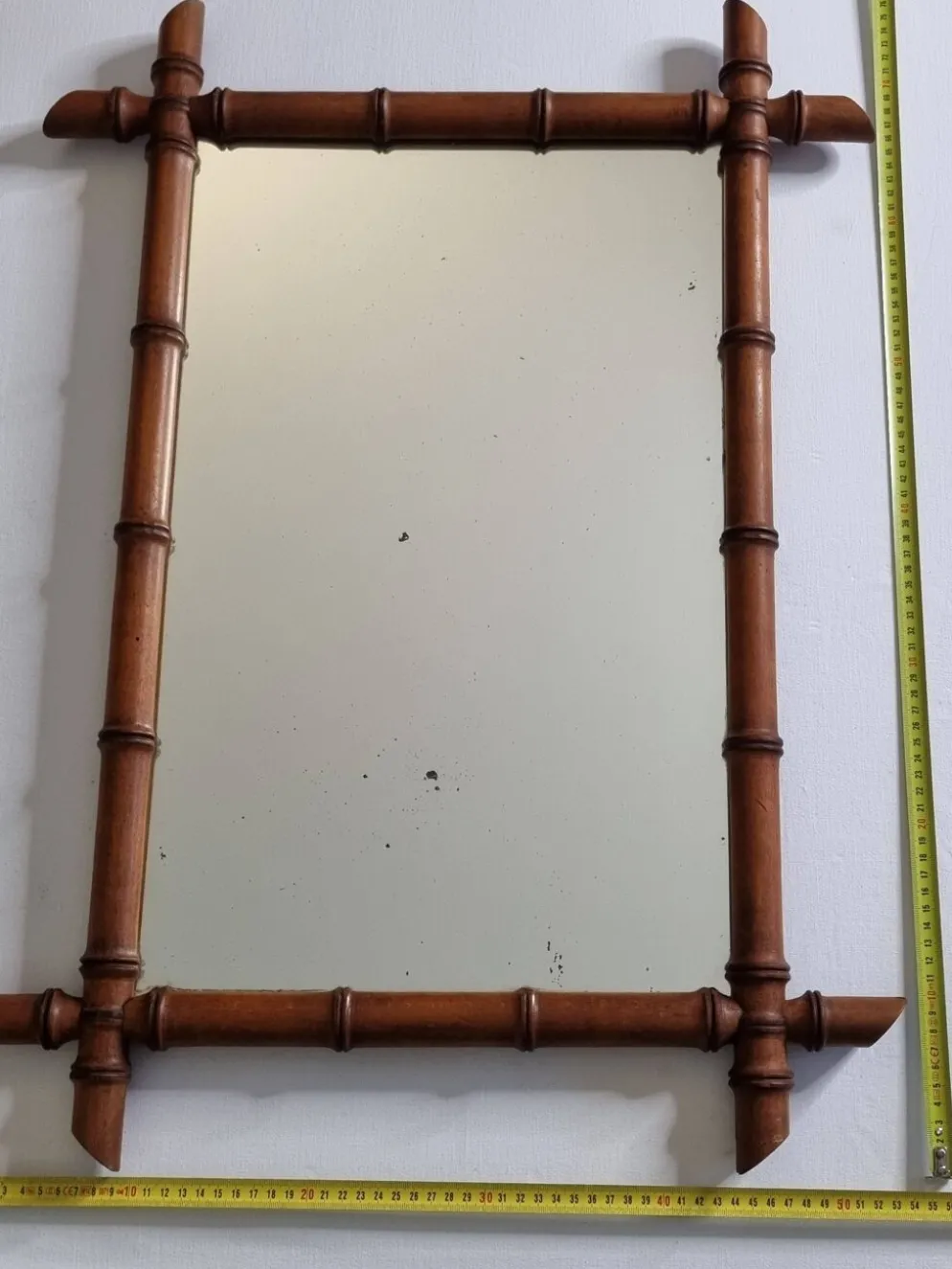 Grand miroir français en bois tourné façon bambou, 54 x 76 cm
