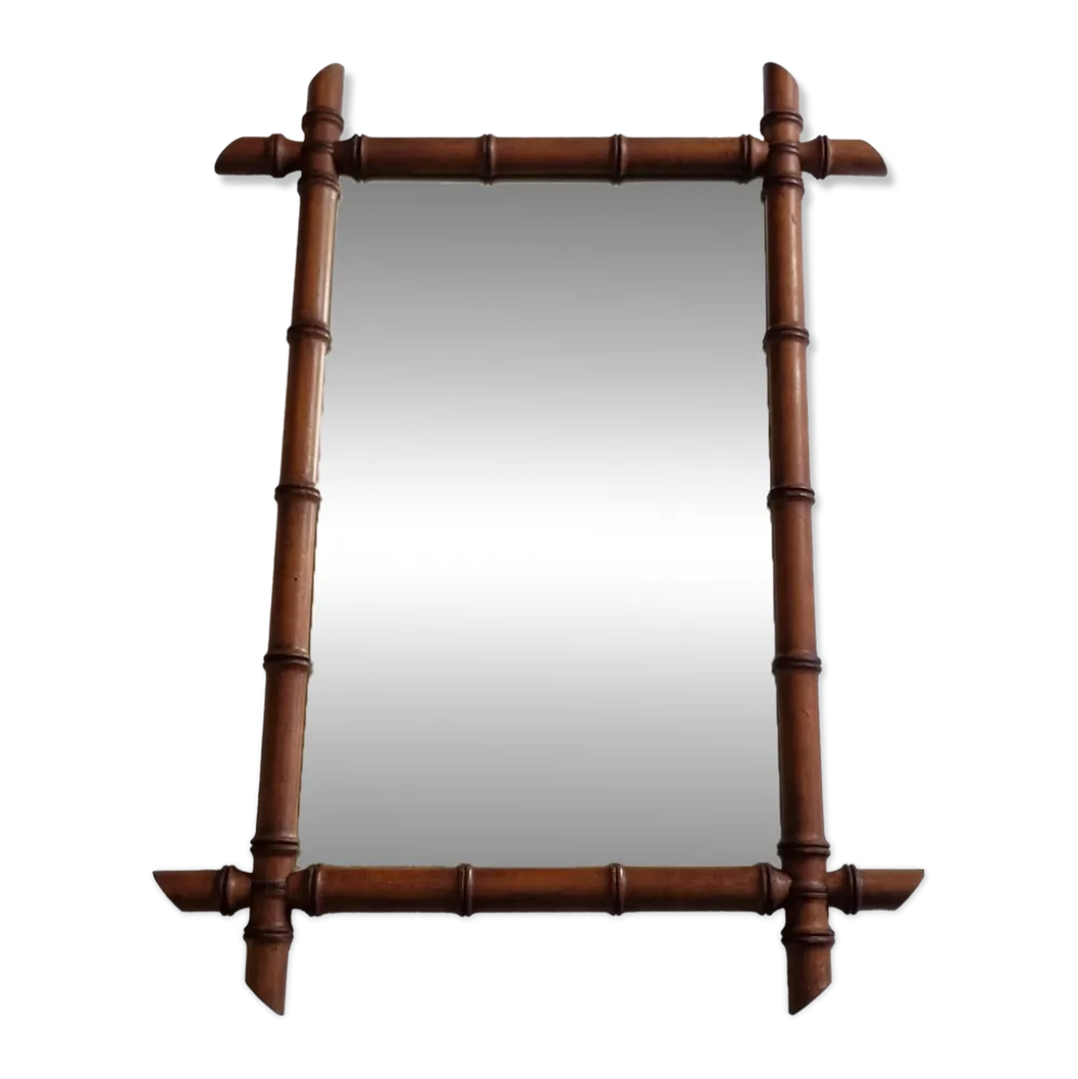 Grand miroir français en bois tourné façon bambou, 54 x 76 cm