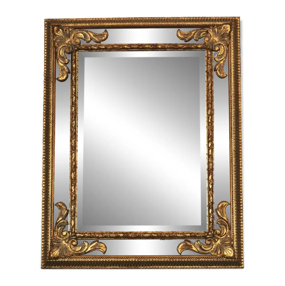 Grand miroir italien doré en bois à verre biseauté
