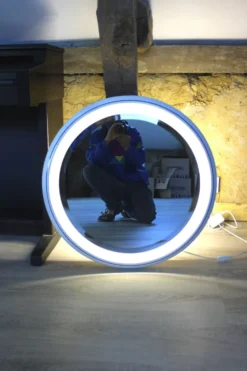 Grand Miroir Lumineux Rond Vintage Céramique Space Age 68cm - Année 70