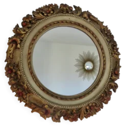 Grand miroir mural rond, baroque, motif floraux, rococo, années 70
