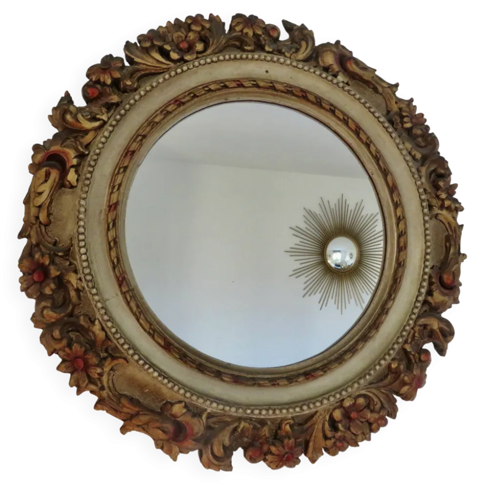 Grand miroir mural rond, baroque, motif floraux, rococo, années 70