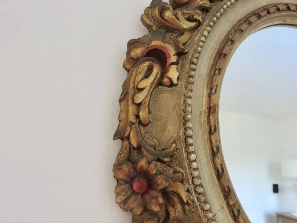 Grand miroir mural rond, baroque, motif floraux, rococo, années 70