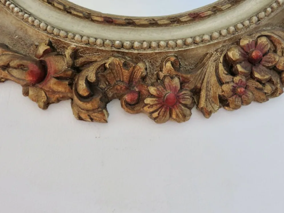 Grand miroir mural rond, baroque, motif floraux, rococo, années 70