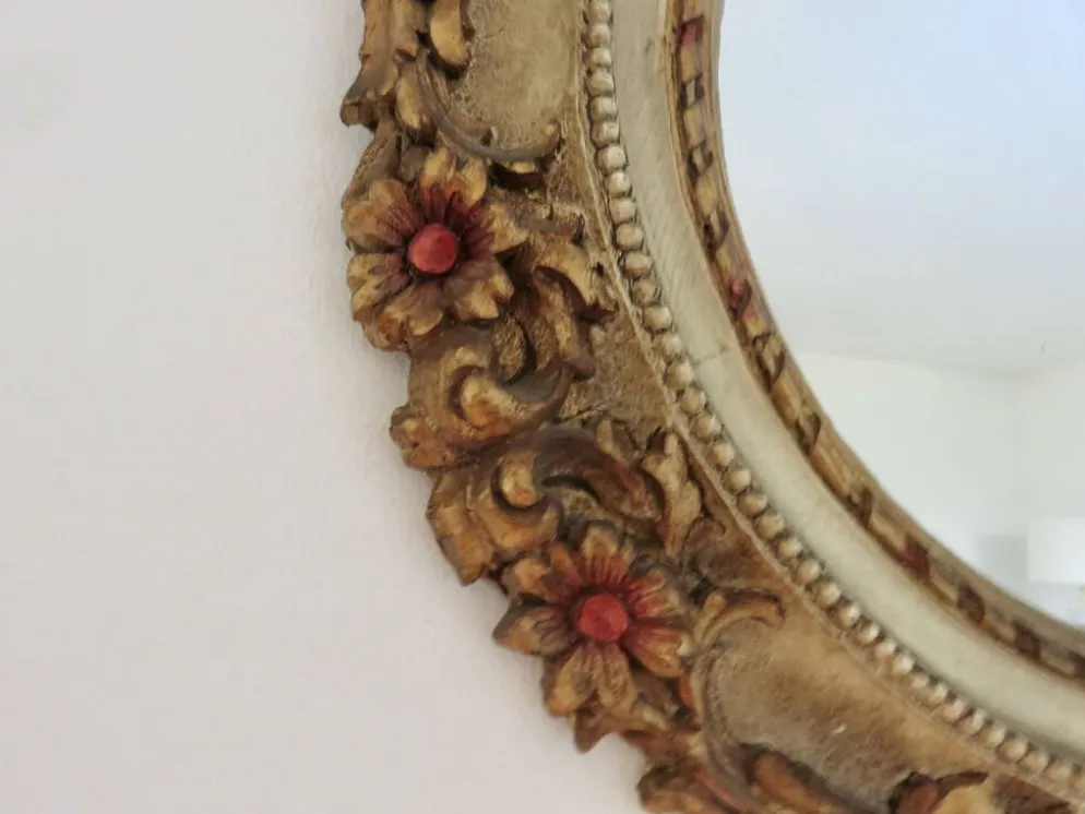 Grand miroir mural rond, baroque, motif floraux, rococo, années 70