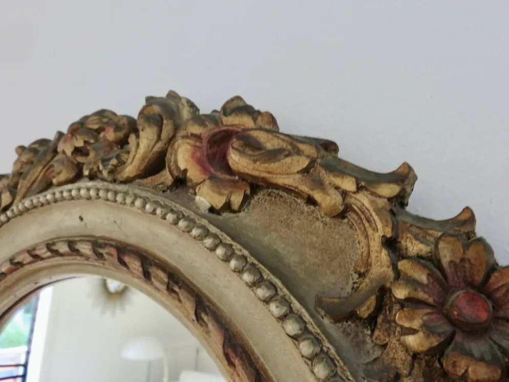 Grand miroir mural rond, baroque, motif floraux, rococo, années 70