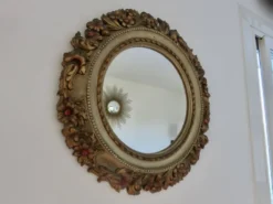 Grand miroir mural rond, baroque, motif floraux, rococo, années 70