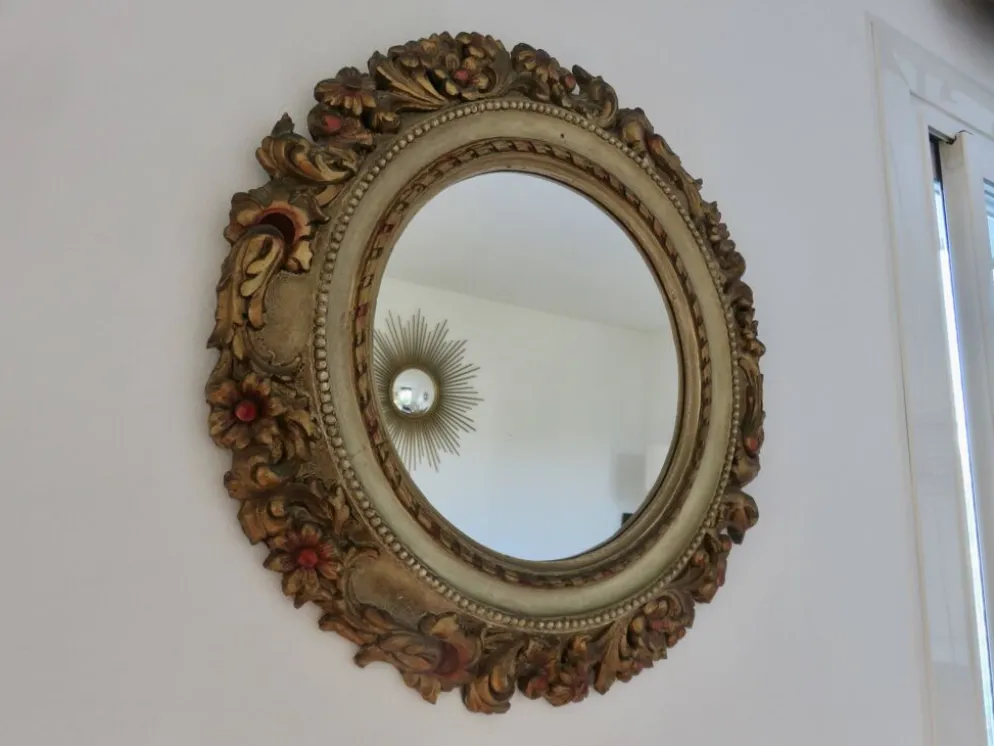 Grand miroir mural rond, baroque, motif floraux, rococo, années 70